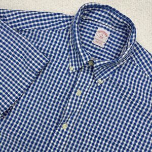 Brooks Brothers 346 Button Down Shirt Mens Medium Blue Gingham Short Sleeve EUC
